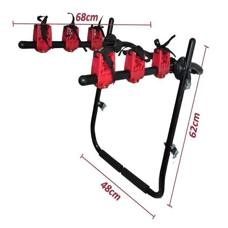 Black and red trunk-mounted car bike holder rack with 73x50cm dimensions showing tie rope fastening system