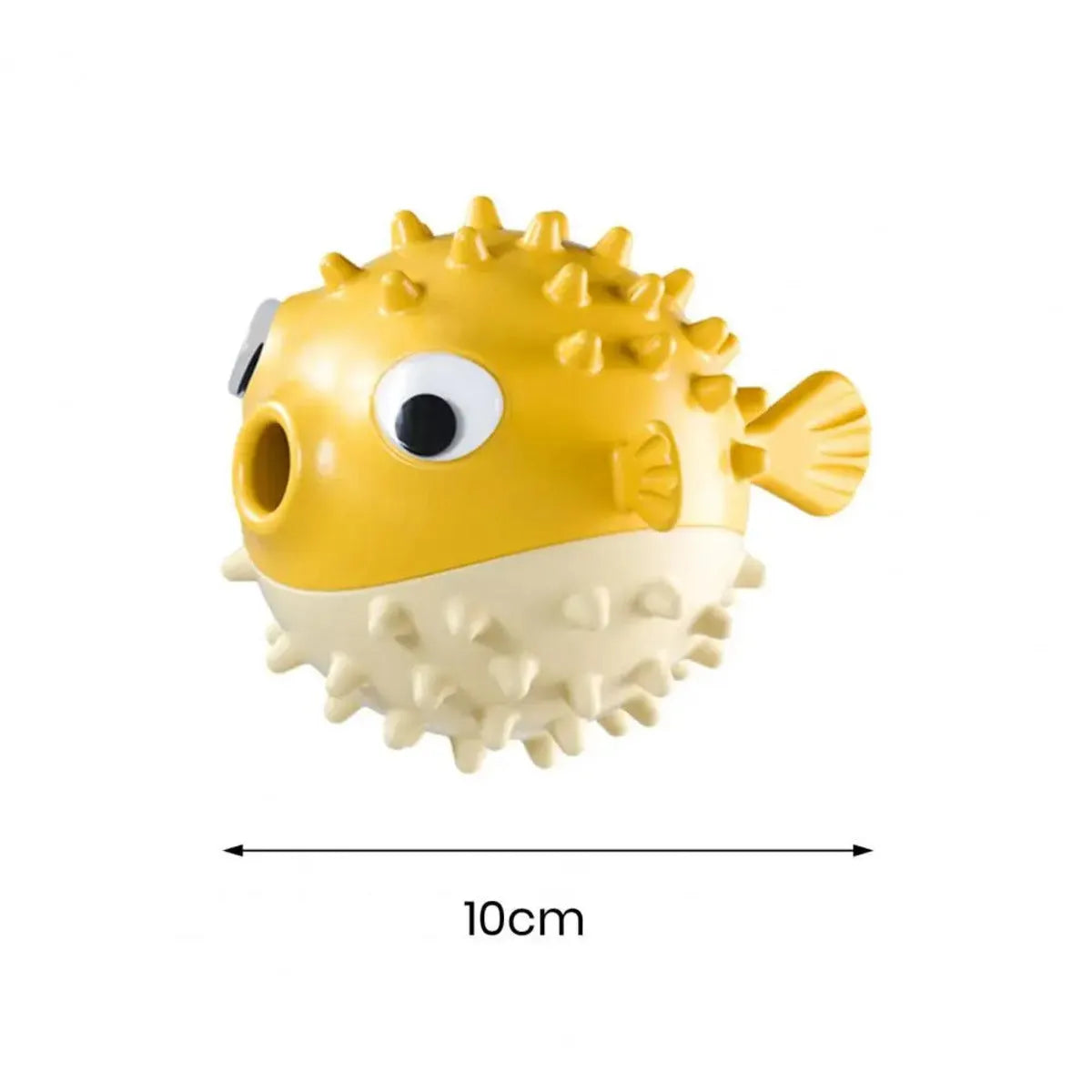 Yellow fish-shaped dog chew toy with textured surface and squeaker, measuring 20cm long
