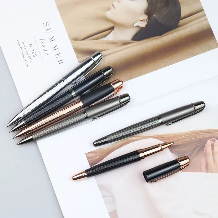 Grey aluminium metal roller pen for office signatures with black or blue water-based ink refills