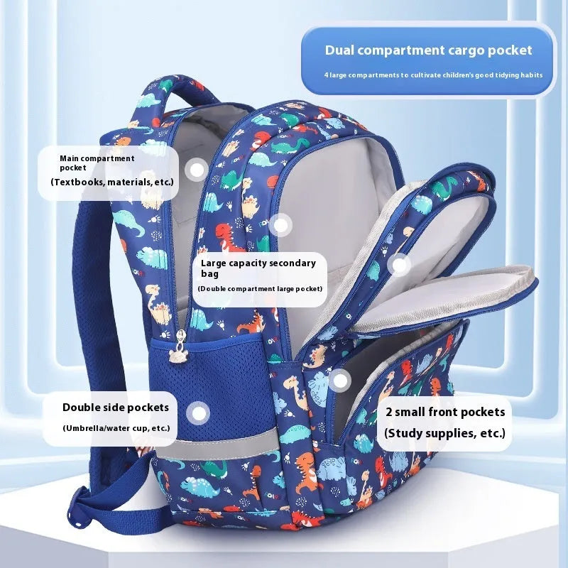 Children's waterproof school backpack with spine protection in sapphire blue dinosaur colour with curved shoulder straps