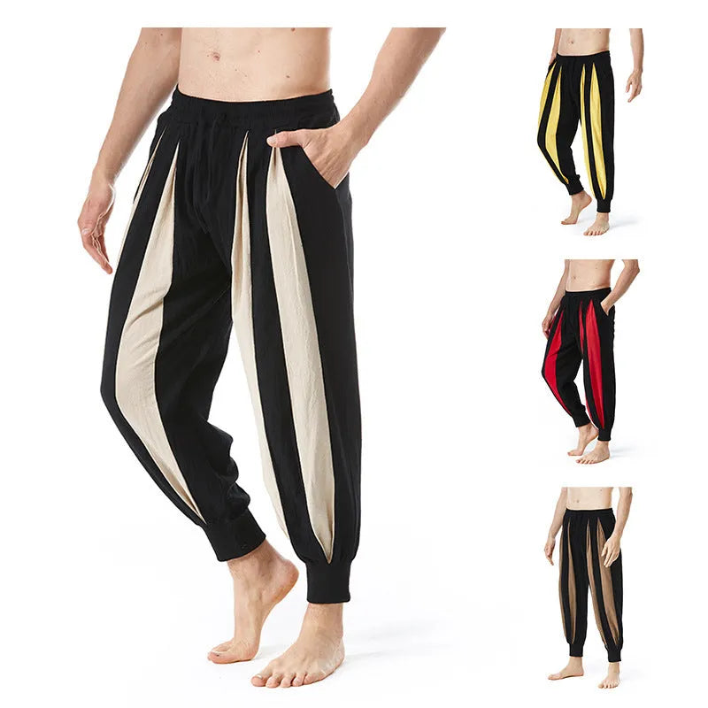 Men's straight-leg casual trousers in red, khaki, yellow, and brown colours
