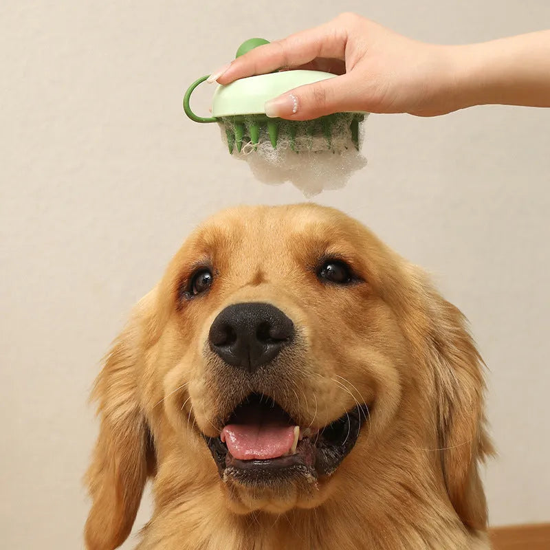 Soft silicone pet hair remover and massage brush for dogs in blue, held in hand.