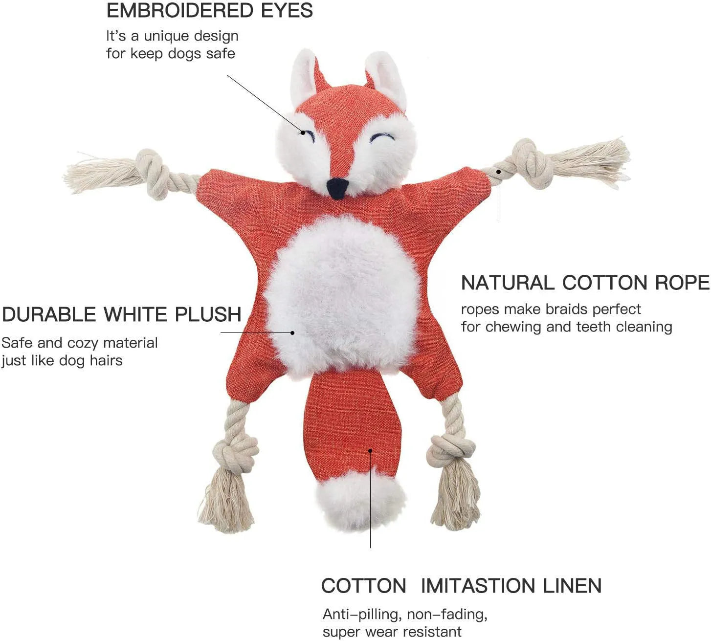 Brown fox dog toy with embroidered eyes, cotton rope arms and legs, and stuffless plush body