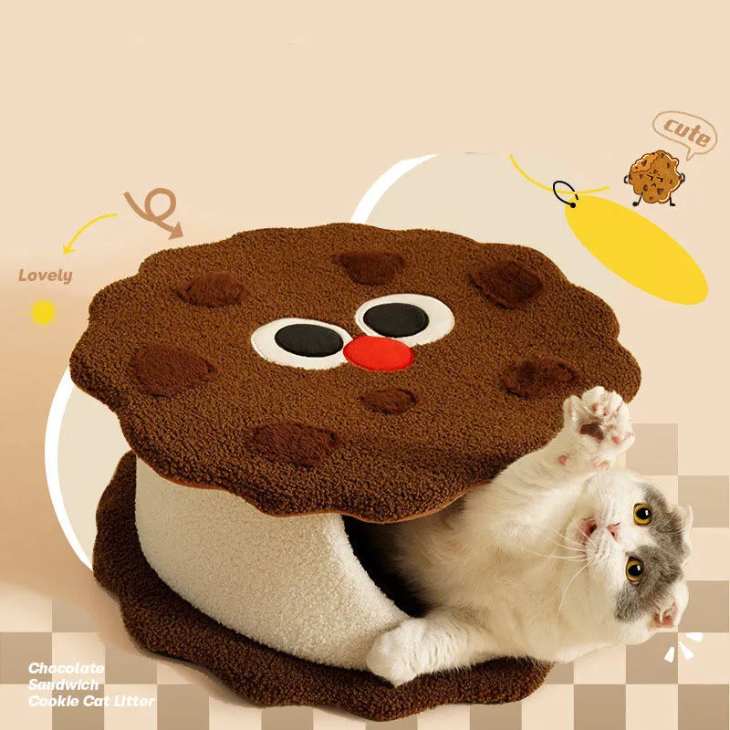 Khaki coloured cat nest bed shaped like a sandwich cookie, showing enclosed house design.