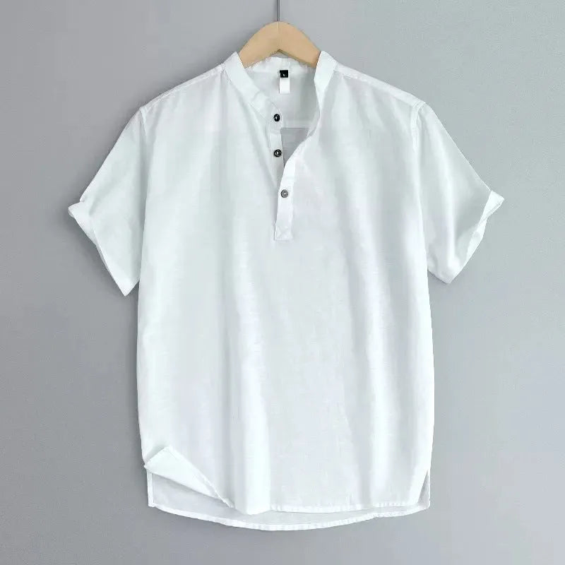 Men's solid colour linen short sleeve t-shirt in black, white, grey green or optic linen options