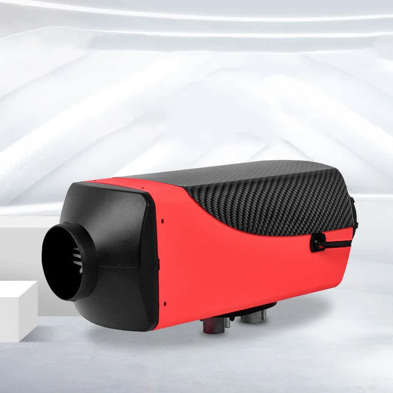 Red and black diesel air heater with metal exhaust pipe, oil pump, and 10L tank for vehicle heating