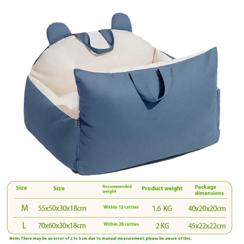 Blue beige removable washable car kennel for dogs, dimensions 70cm long by 60cm wide by 30cm high