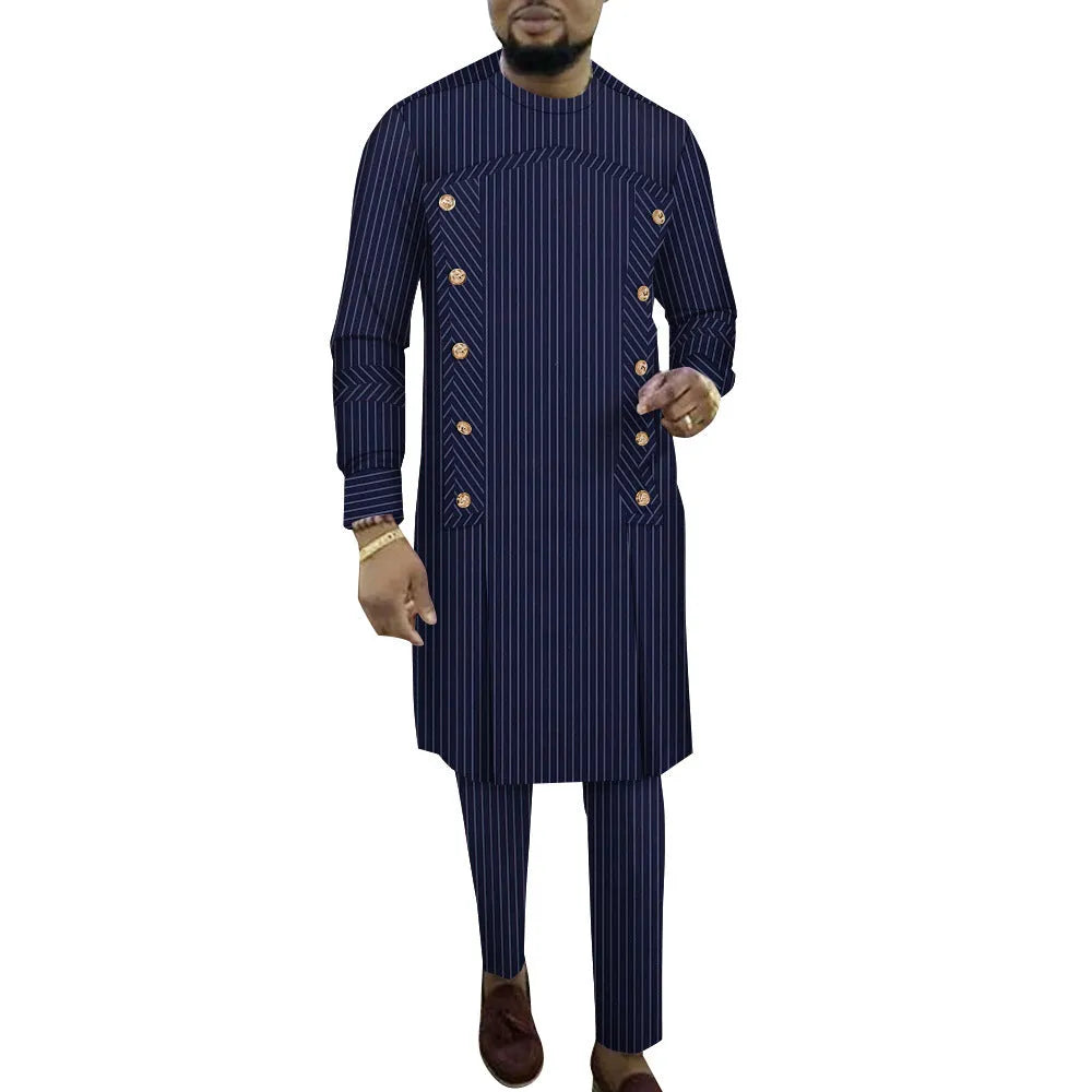 Men's striped cotton African two-piece robe set showing long sleeve top and matching trousers