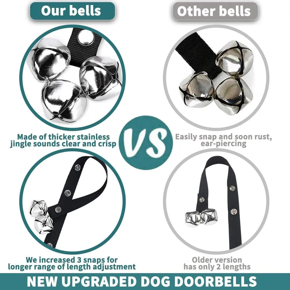 Seven large silver metal dog training bells hanging on an adjustable black nylon leash.