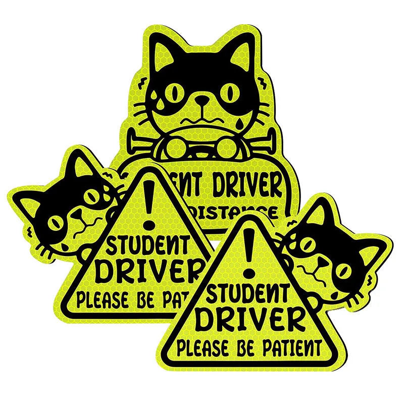 Set of three magnetic reflective car stickers featuring cat, panda, and duck designs on a car window.