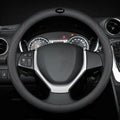 Black leather steering wheel cover with two-color stitching on Suzuki steering wheel, showing 38cm diameter and ultra-thin design