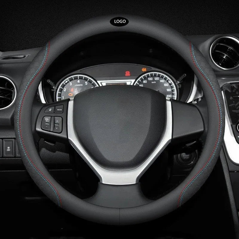 Black leather steering wheel cover with two-color stitching on Suzuki steering wheel, showing 38cm diameter and ultra-thin design