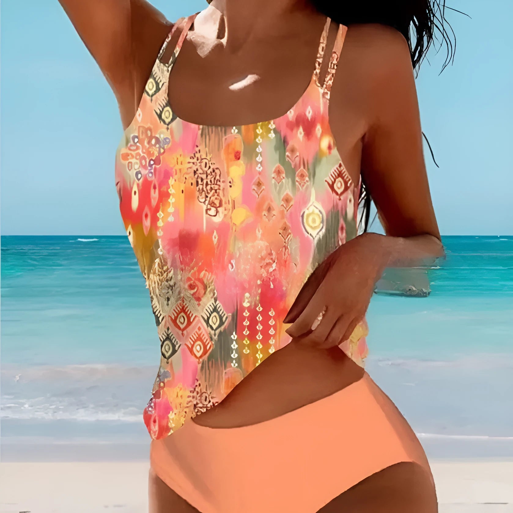 Retro high waist bikini swimsuit with beach print design in multiple colour options