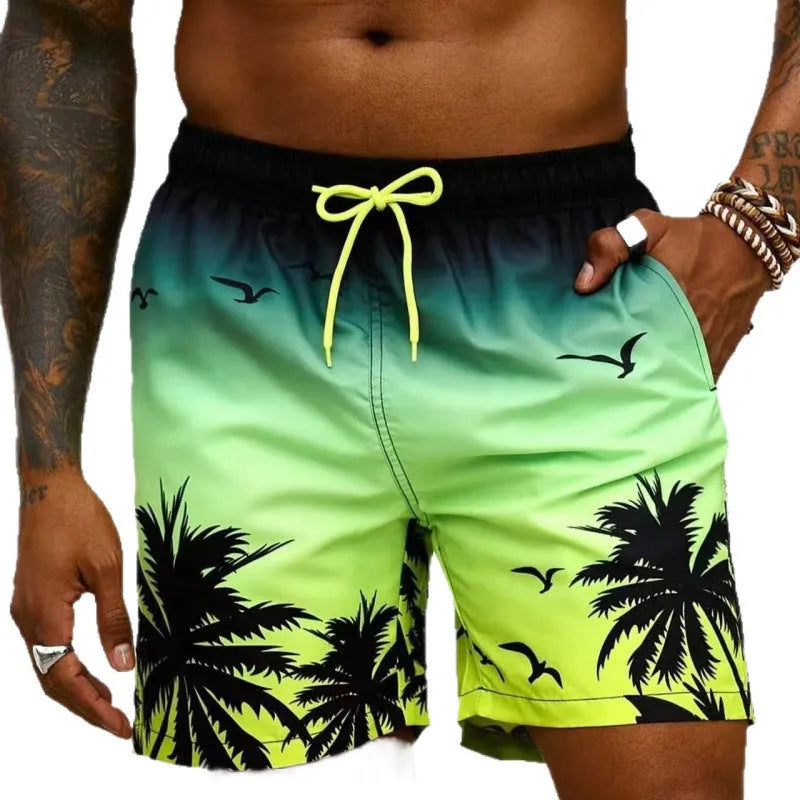 Men's loose board swimming trunks in polyester fibre, showing medium elastic fit and colour options J001 to J009
