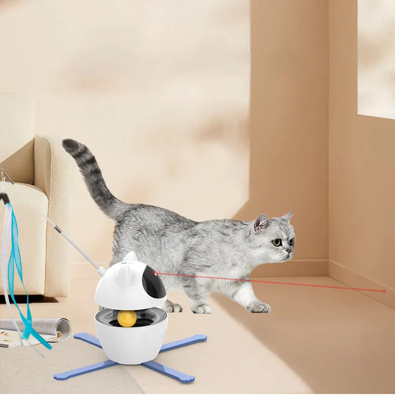 White automatic rotating cat toy with elastic rope and fluffy ball extended during operation
