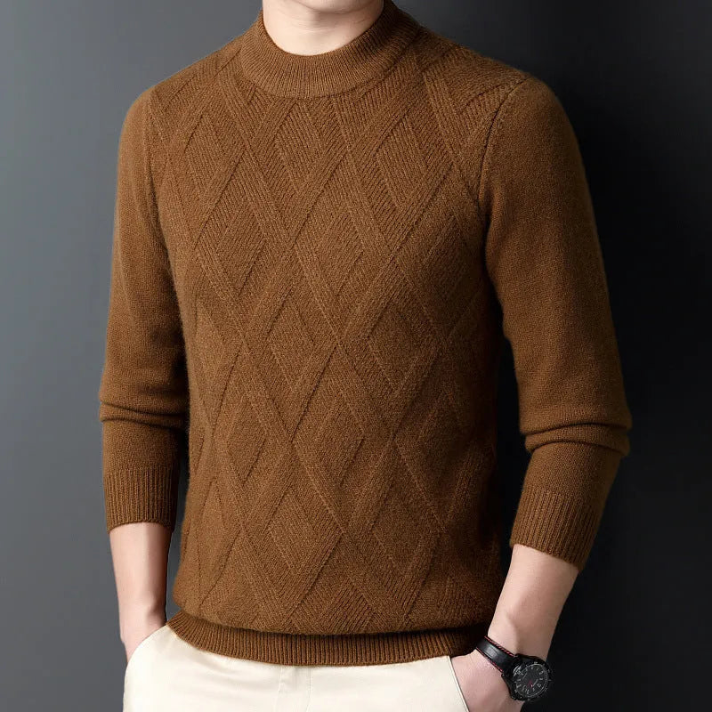 Men's winter sweater in diamond jacquard craft, available in light camel and other colours, with size options from 165 to 190 yards.