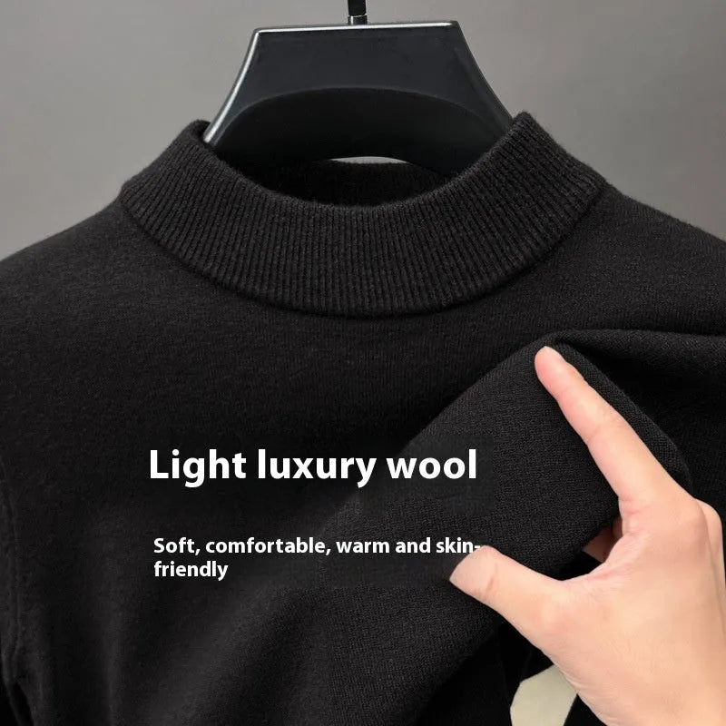 Men's solid colour half turtleneck knitwear pullover with long sleeves in fine wool yarn, available in multiple sizes.