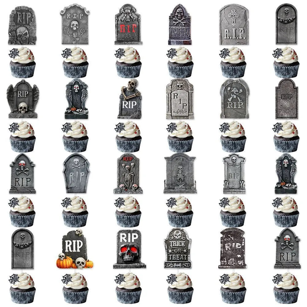 Pack of twelve small paper Halloween cake flags with tombstone designs in horror styles for spooky decoration