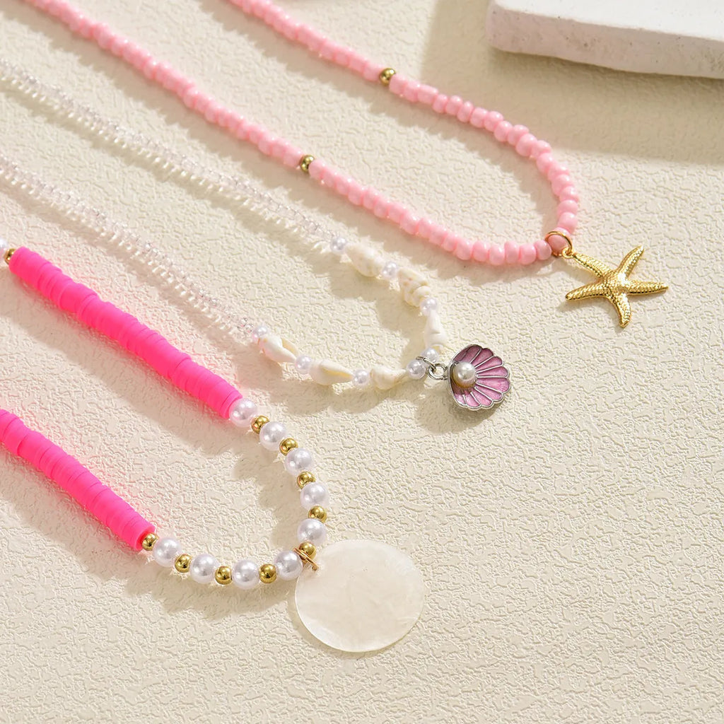 Polymer clay beaded necklace for women with multi-layer shell, twin clavicle chain, and geometric alloy pendant, 41-50cm.