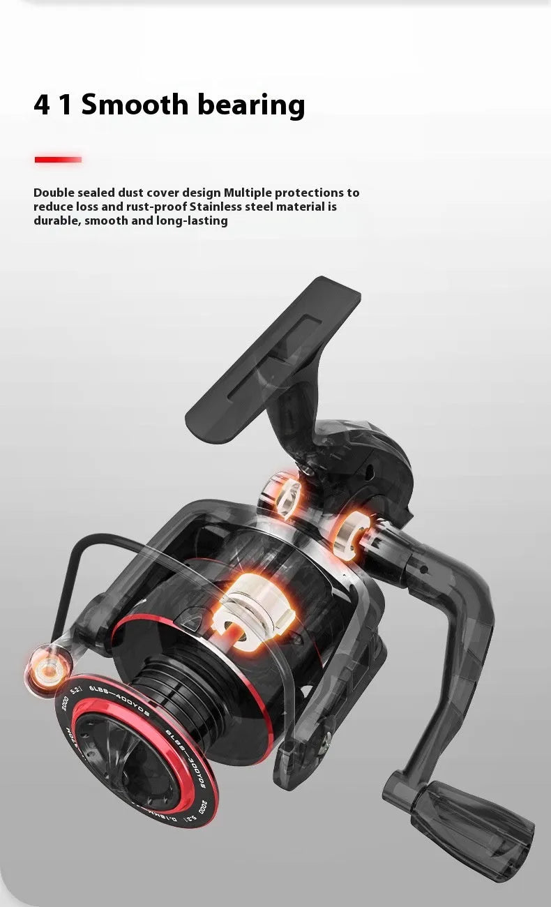 All-metal spinning fishing reel with collapsed telescopic rod showing four series size options