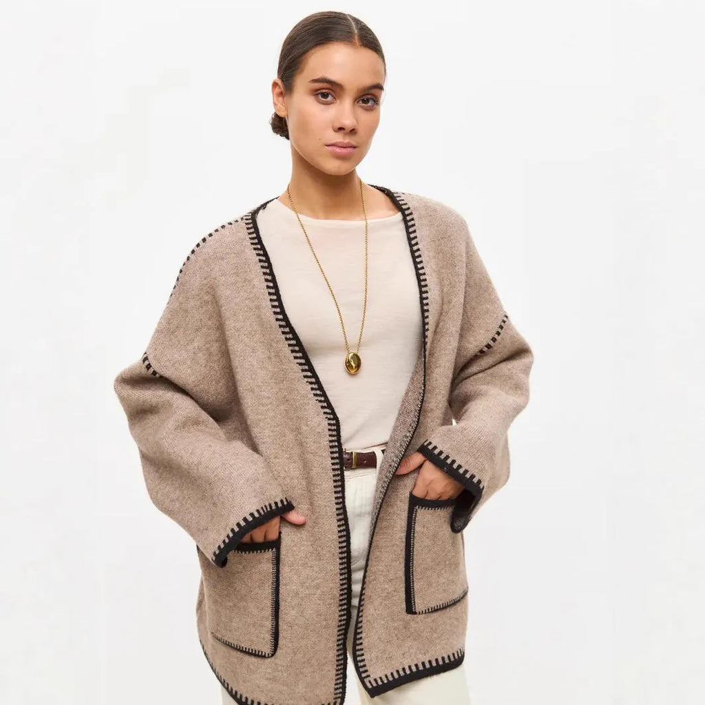 Lace-up front knitted cardigan in imitation cashmere fabric with 50cm body length and long sleeves