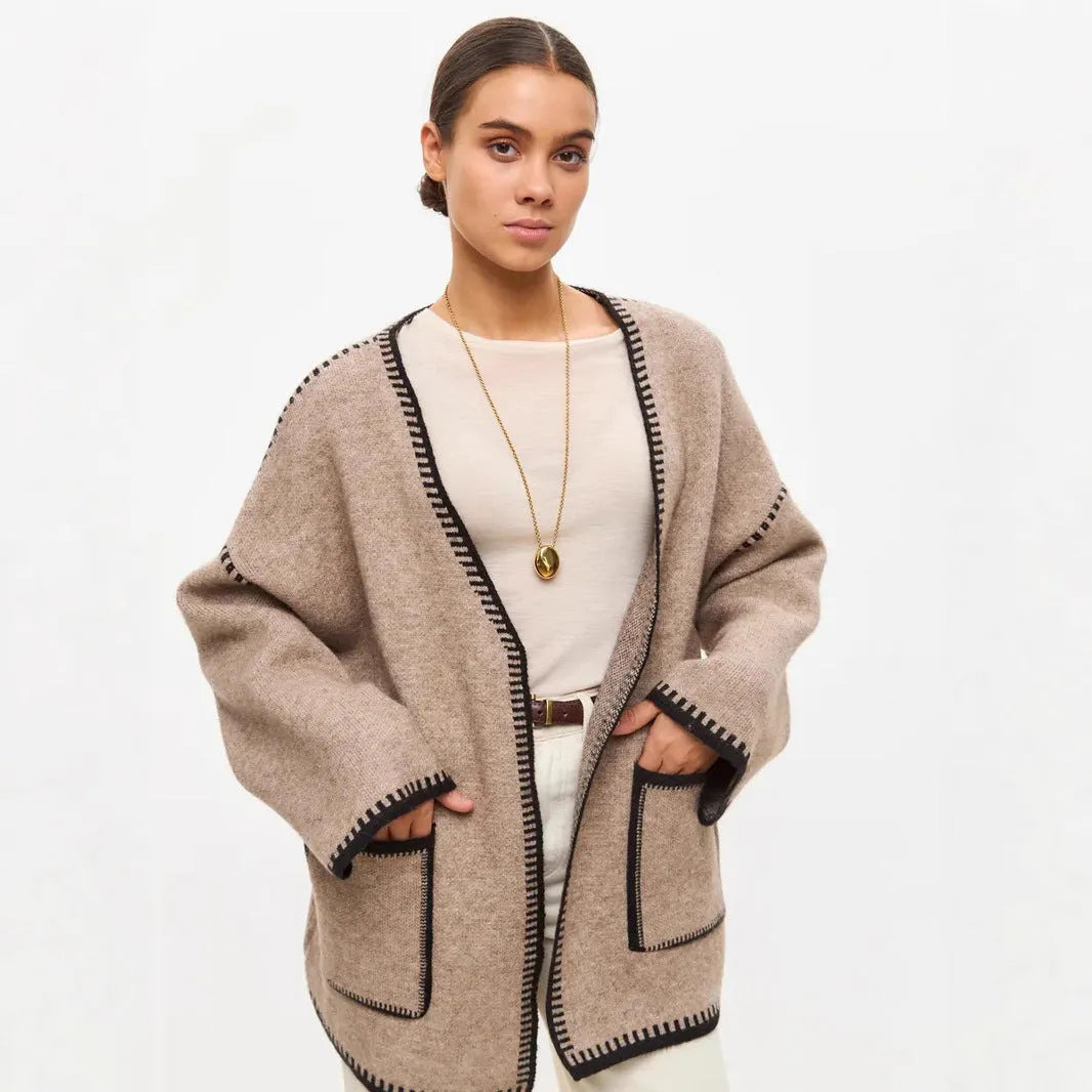 Lace-up front knitted cardigan in imitation cashmere fabric with 50cm body length and long sleeves