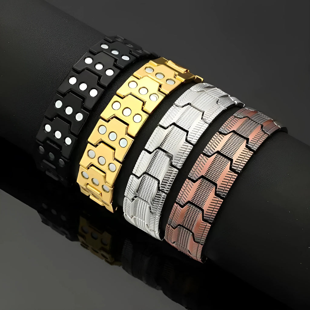 Carved retro three rows full magnet bracelet in zinc alloy, unisex, bronze brushed finish