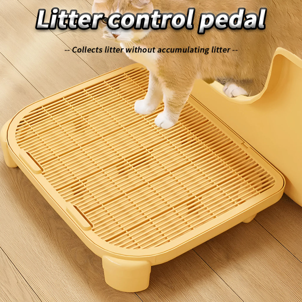 Large plastic cat litter mat with double-layer design and anti-slip feet in milk yellow colour.