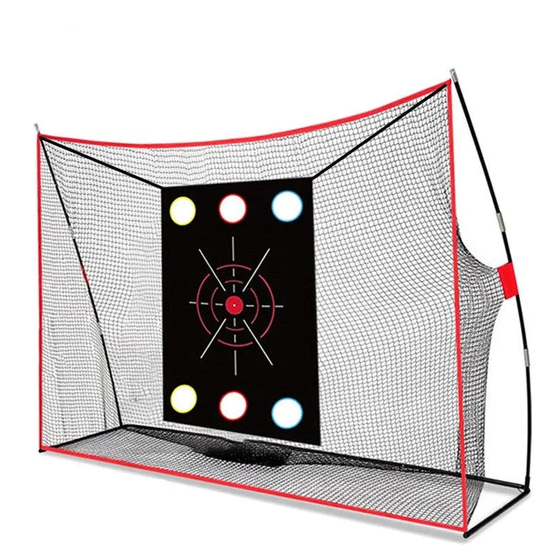 Swing wedge golf training net with 3-hole cross design, 30x60cm straw mat, practice balls, and accessories