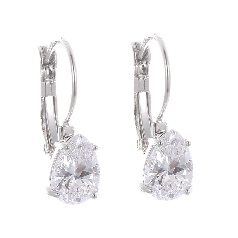 Drop-shaped copper earrings with platinum inlaid gem, gold or platinum plating, approximately 2.5 cm long