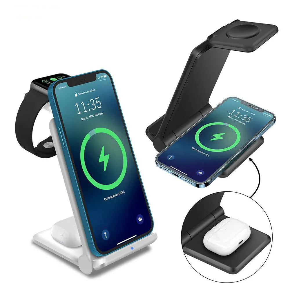 Foldable 3-in-1 wireless charger station in black or white, charging iPhone, Samsung phone, AirPods, and Apple Watch