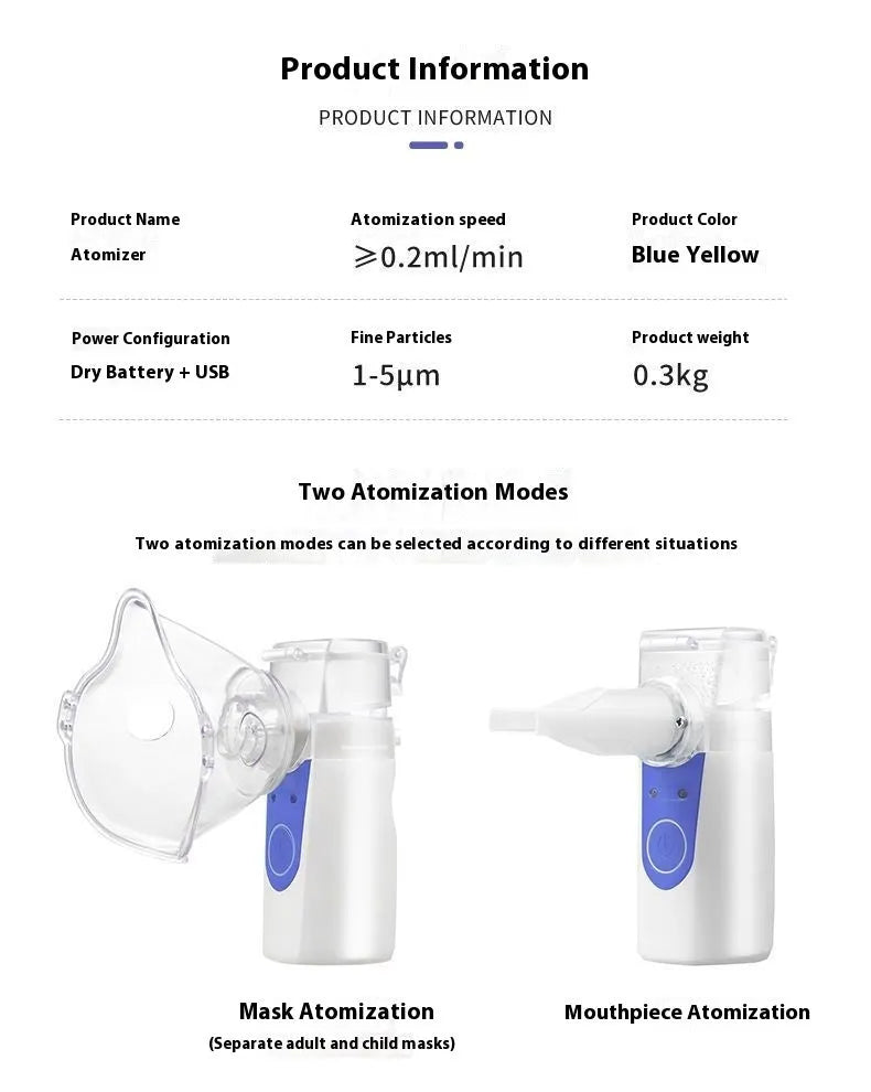 USB handheld columnar nebuliser with 0.5L water tank for quiet drug atomisation below 36dB