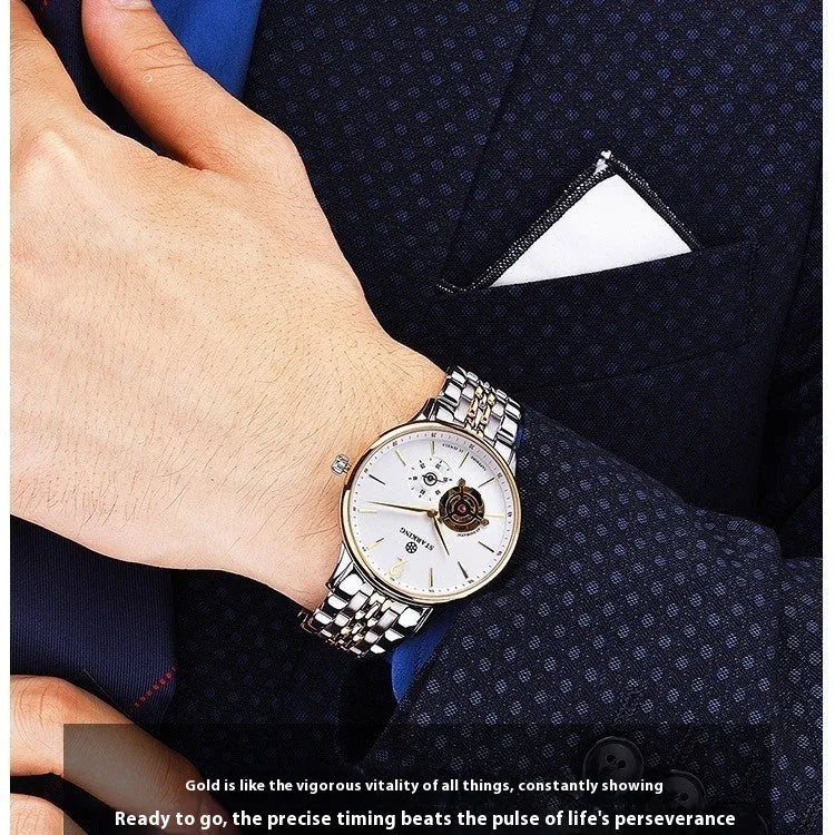 Automatic mechanical men's watch with brown leather strap, stainless steel case, and sapphire crystal glass on white background