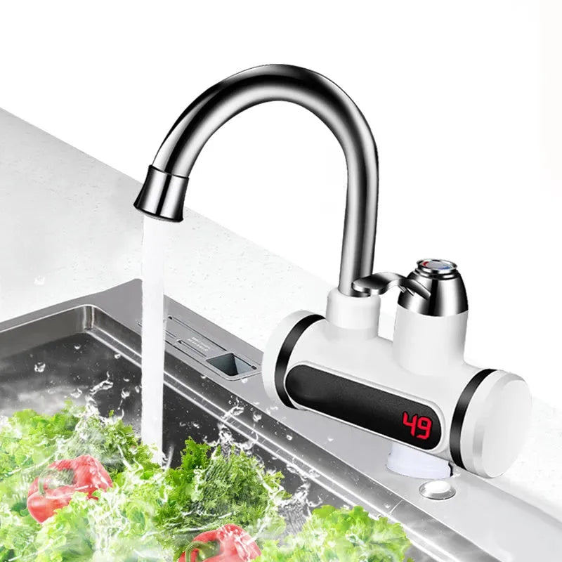 White kitchen electric water heater with digital temperature display, 3000W power, and 10L capacity