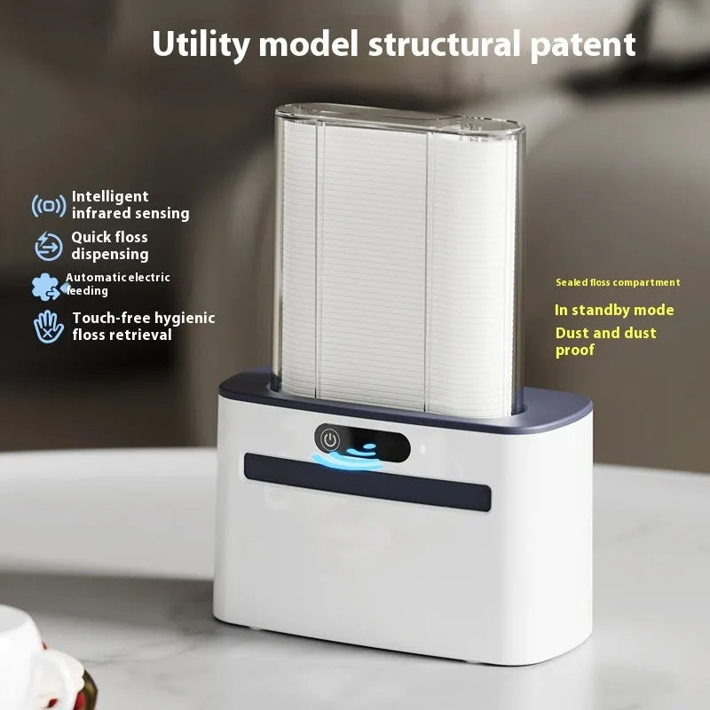 Intelligent Induction Dental Floss Box in dark grey, light grey, and gold with automatic pop-up mechanism and rechargeable battery