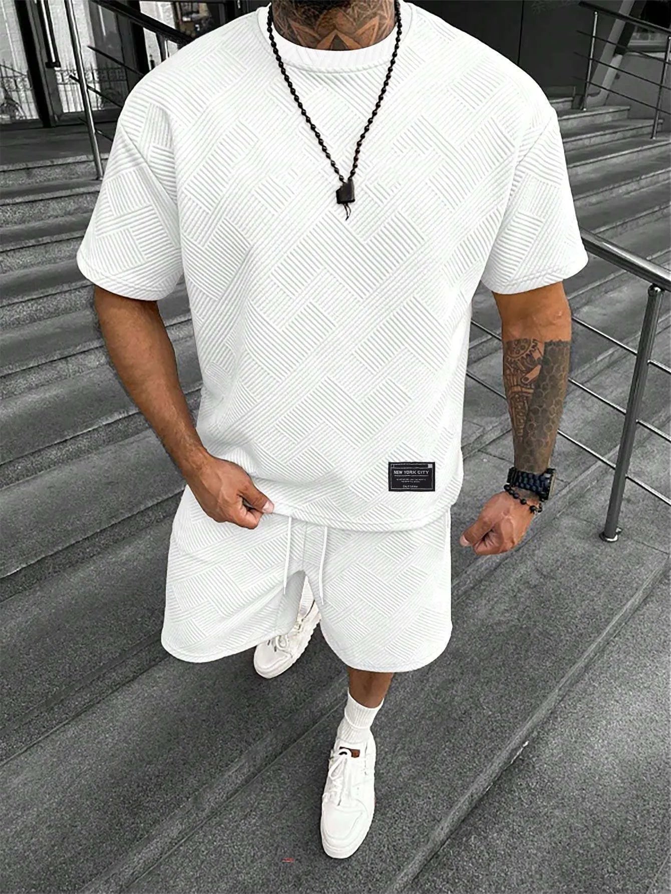 Men's short sleeve shorts matching set with 3D digital printed design on polyester fabric