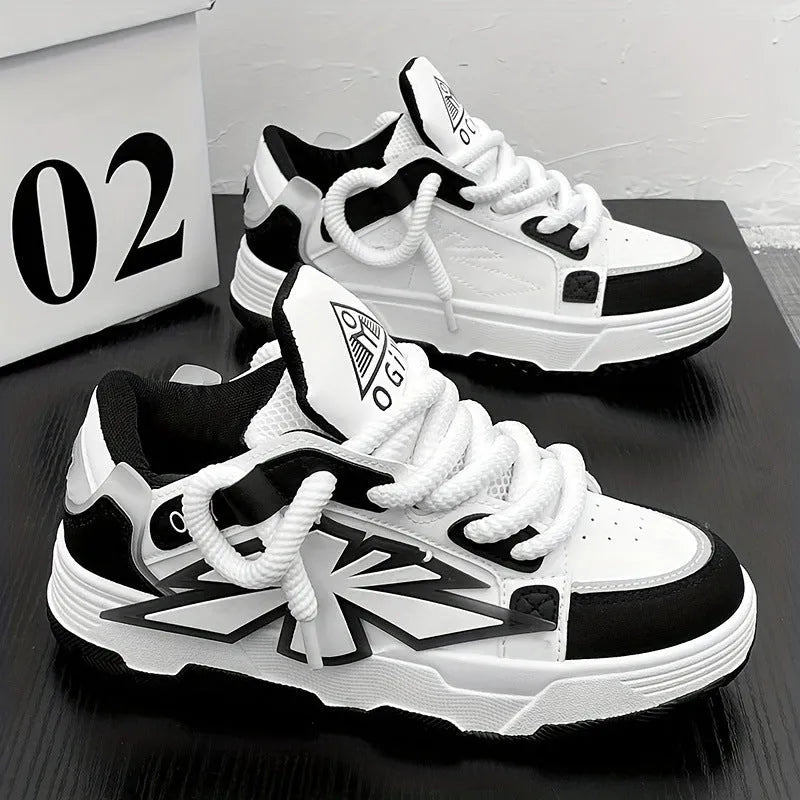 Men's white Harajuku clunky sneakers with cartoon totem patterns, 3-5cm heel, and rubber sole for casual wear