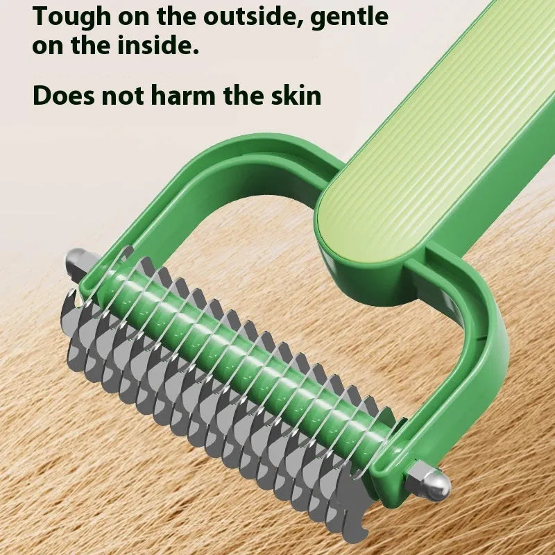 Green and grey dog unknotting combs in small and large sizes with stainless steel teeth on a PP handle.