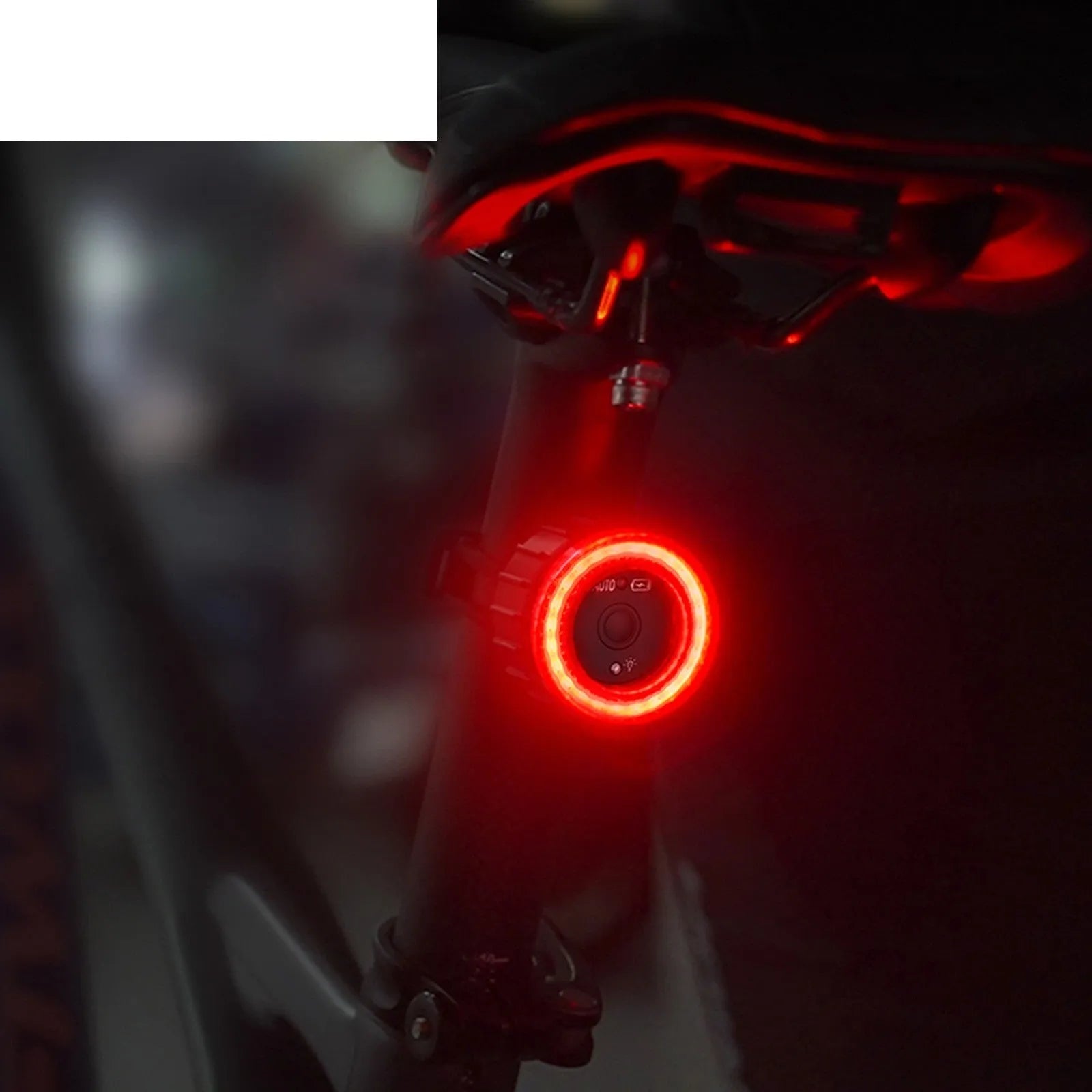 Black aluminium alloy bicycle taillight with seat tube bracket, showing 3.7V induction brake light design