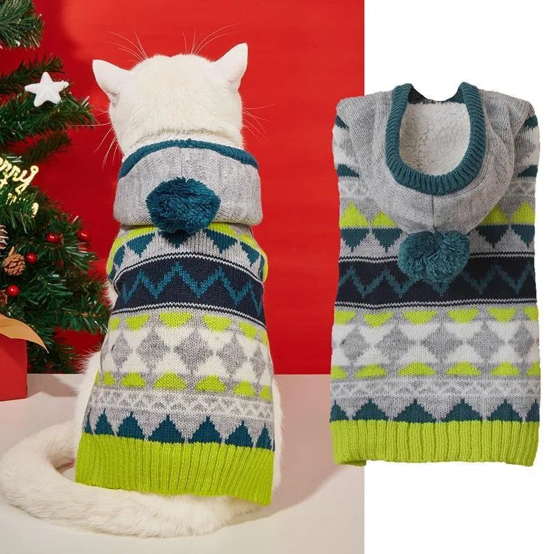 Green diamond pattern pet sweater on small dog showing knit texture and proper fit