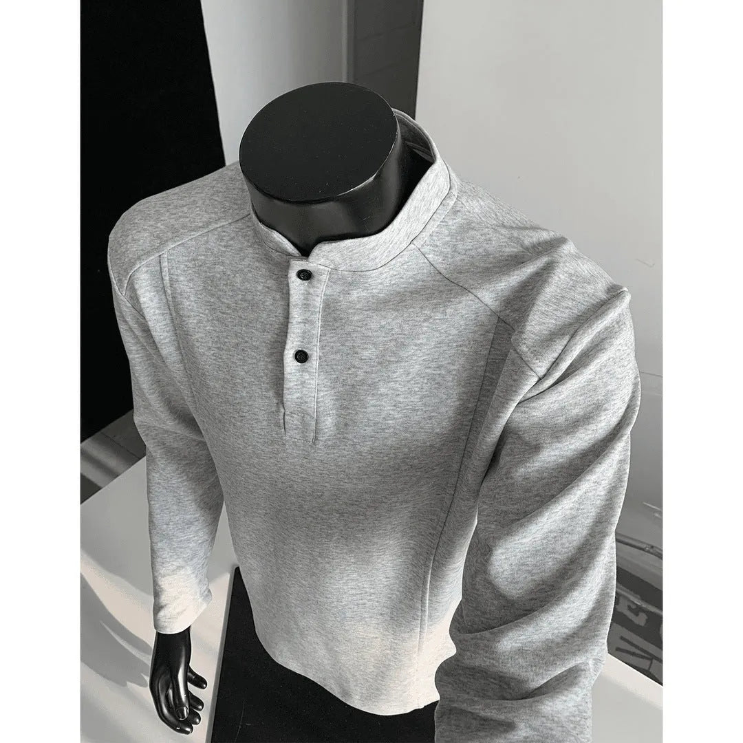 Men's patchwork stand-up collar polo shirt in heather gray with asymmetric design