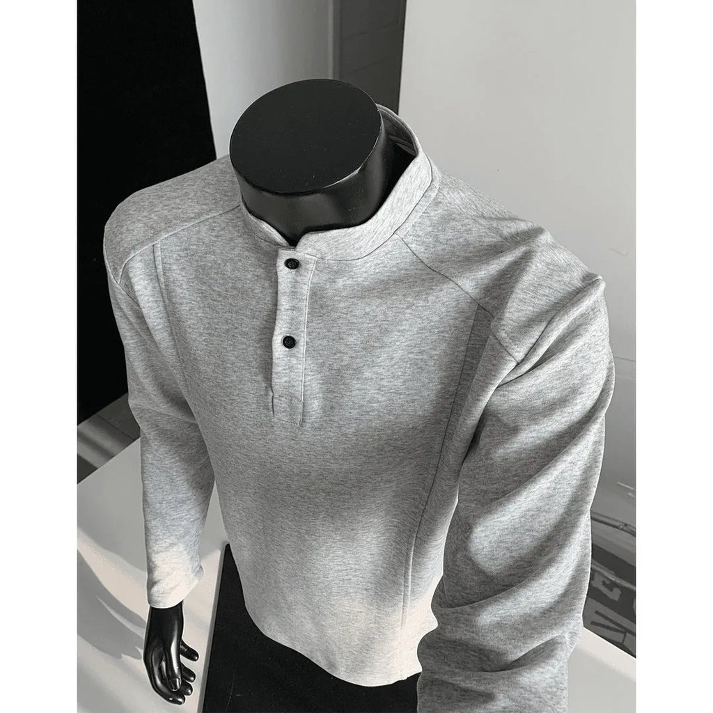 Men's asymmetric stand-up collar long sleeve shirt in heather gray with patchwork shoulder detailing