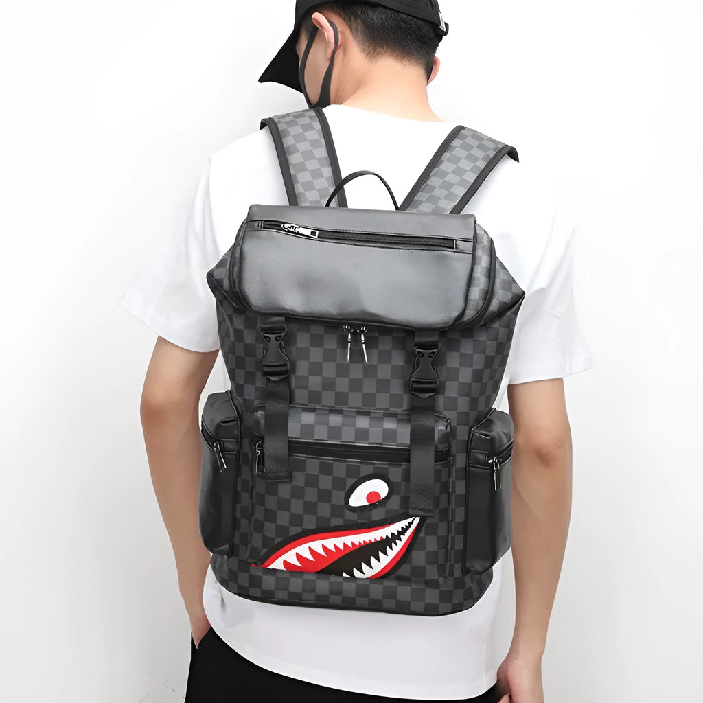 Korean casual checkered printed large backpack with curved straps in black colour variant.
