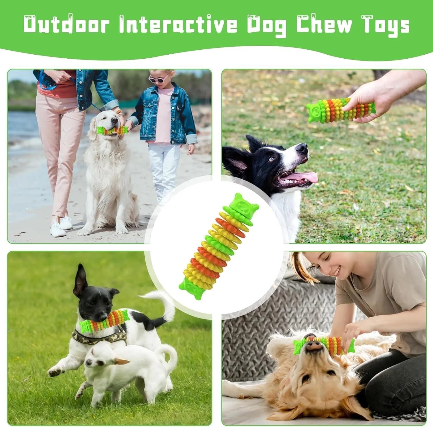 Blue rubber caterpillar dog chew toy for aggressive chewers, 17cm long, on a white background