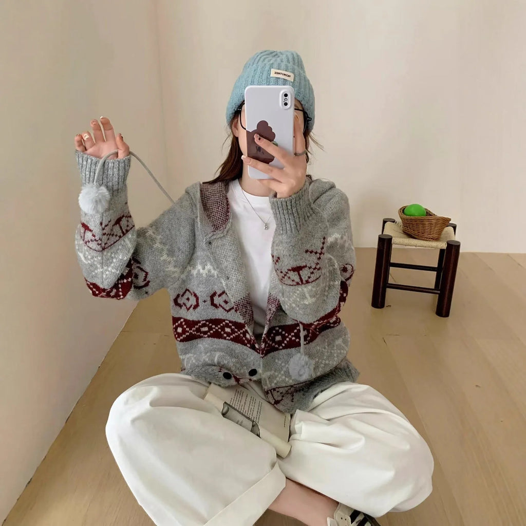 Idle Style brocade sweater coat with geometric pattern in milky white, loose fit plus size women's outerwear