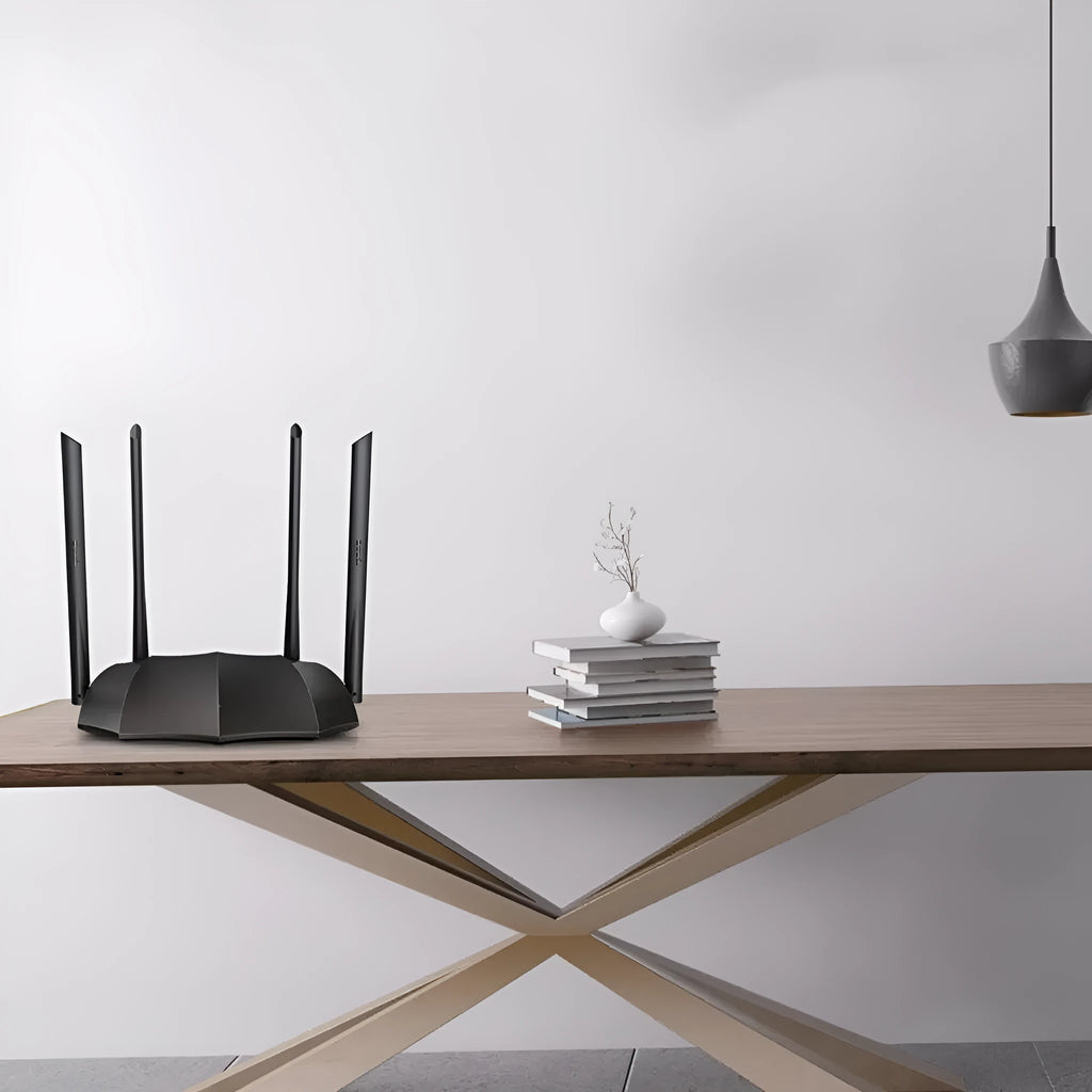 AC8 dual-band wireless gigabit router with multiple LAN ports on a desk.