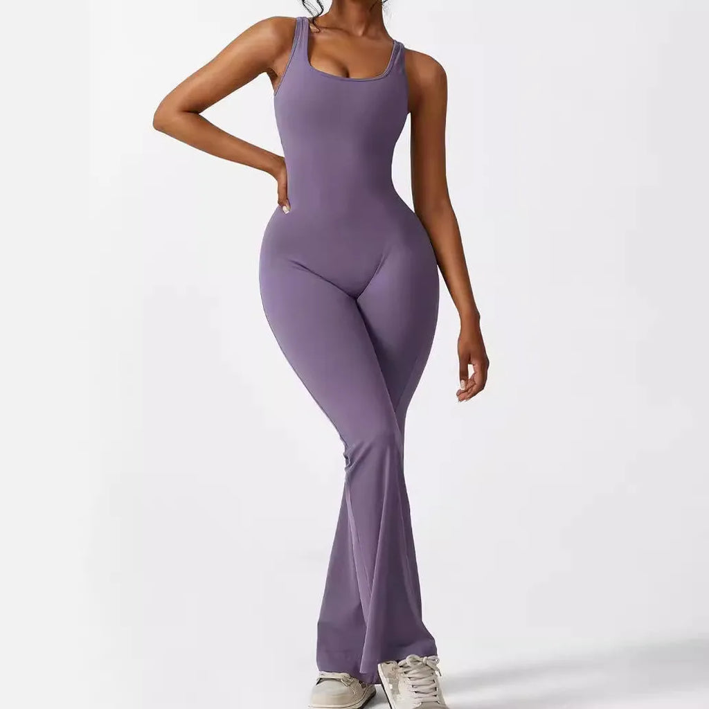 Women's sleeveless flare jumpsuit in high elasticity polyester for yoga, available in multiple colours and sizes.