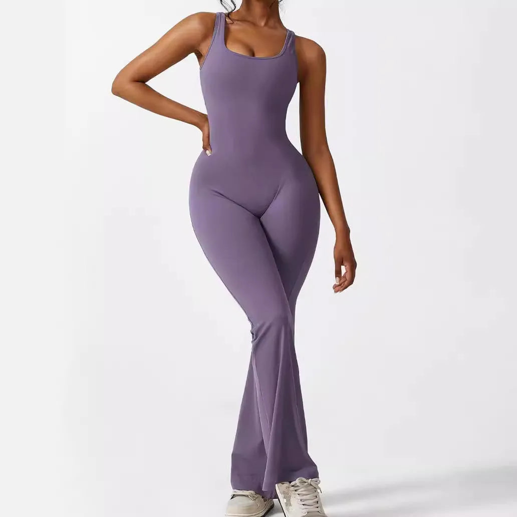 Women's sleeveless flare jumpsuit in high elasticity polyester for yoga, available in multiple colours and sizes.
