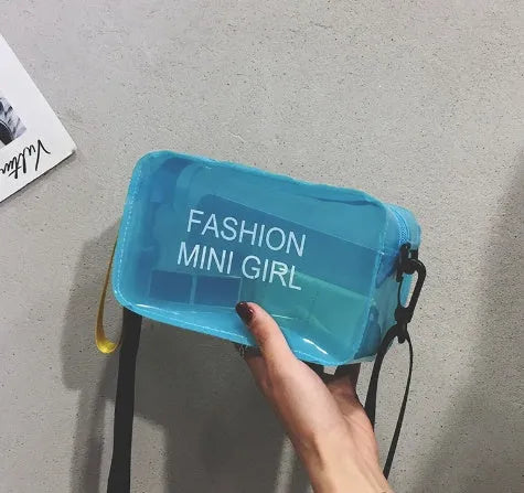 Transparent square jelly shoulder bag with adjustable strap in multiple colour options showing 19cm width dimensions