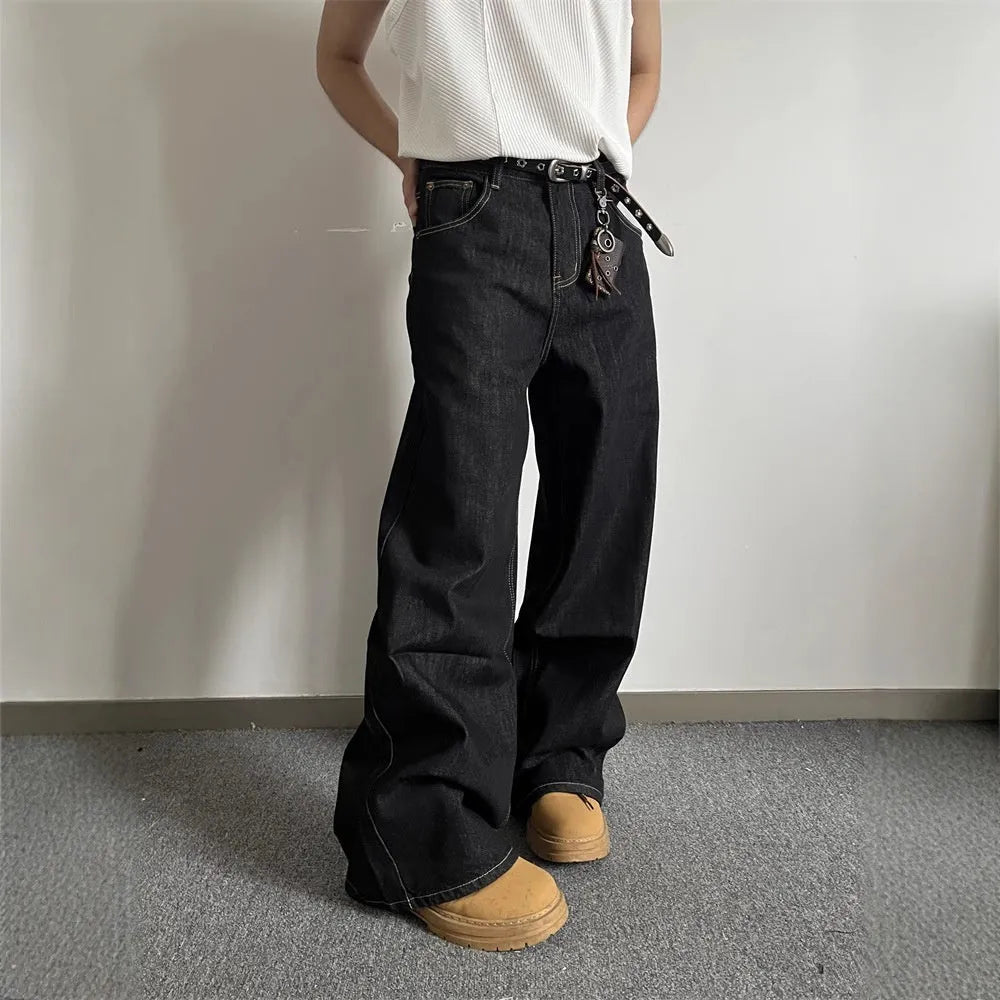 Black retro wide-leg jeans with straight-leg cut and mid waist, featuring zip placket closure